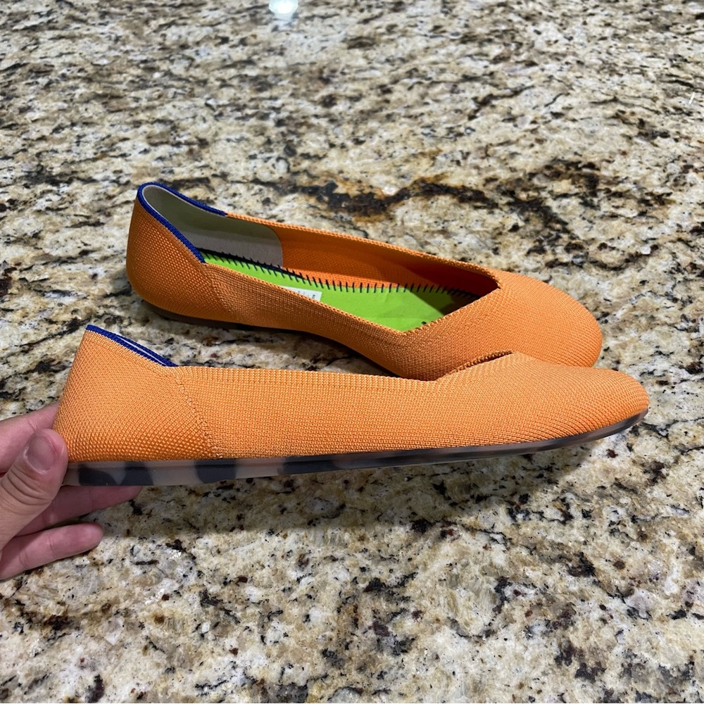 Rothy's Orange Pointed Knit Flats with Blue Trim
